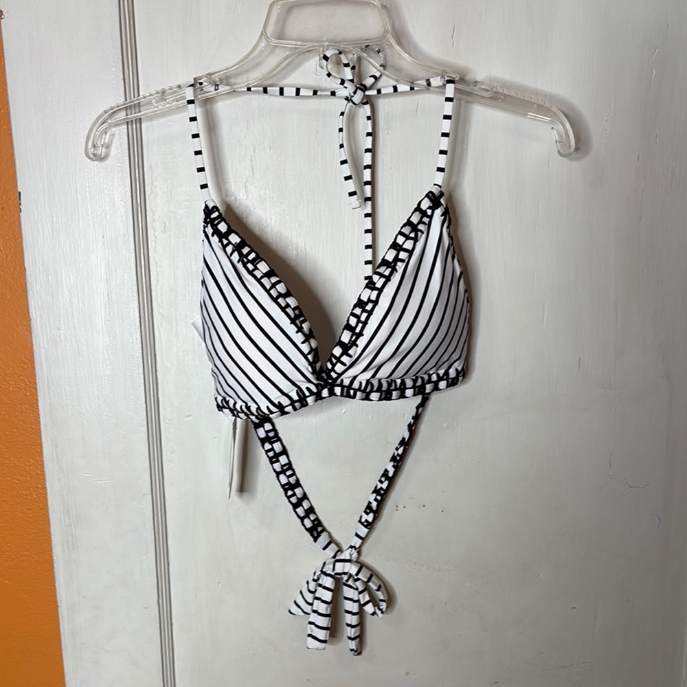 Bar III Black and White Striped Vneck Halter Bikini Top XL